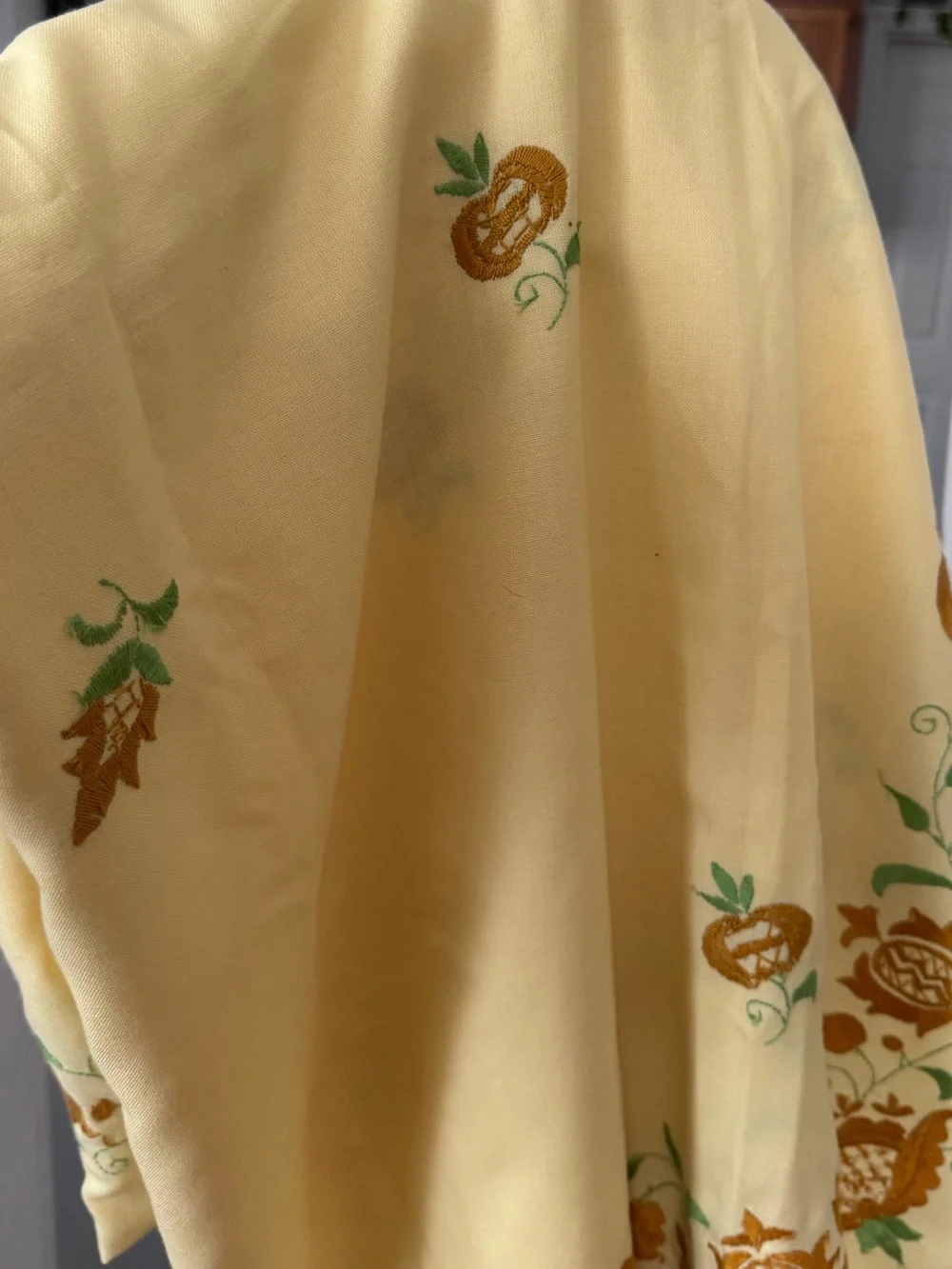 Vintage Floral Yellow gold & Green cotton tablecloth embroidered crewel large